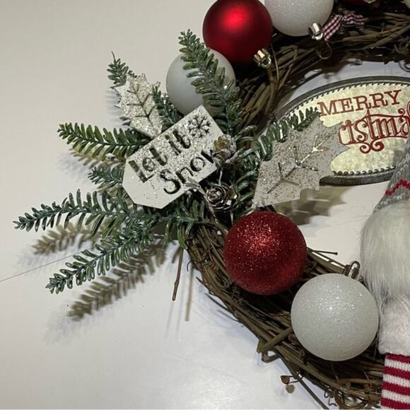 Christmas Grapevine Wreath Peppermint Gnome Let It Snow Handcrafted - Picture 3 of 11